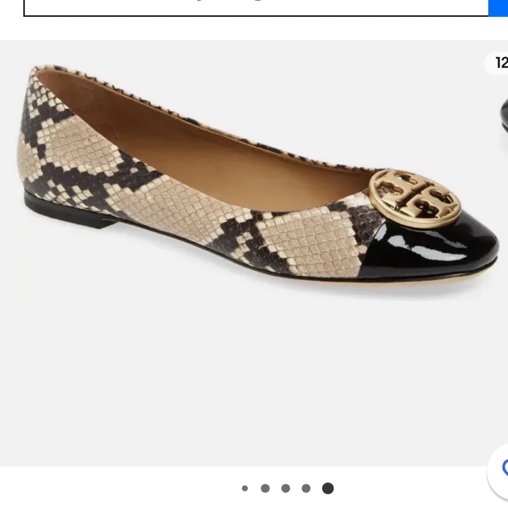 Tory Burch Beige Snake Print and Black Patent Logo Ballet Flat